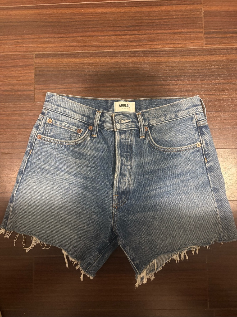 Agolde Light Blue Distressed High-Rise Denim Shorts